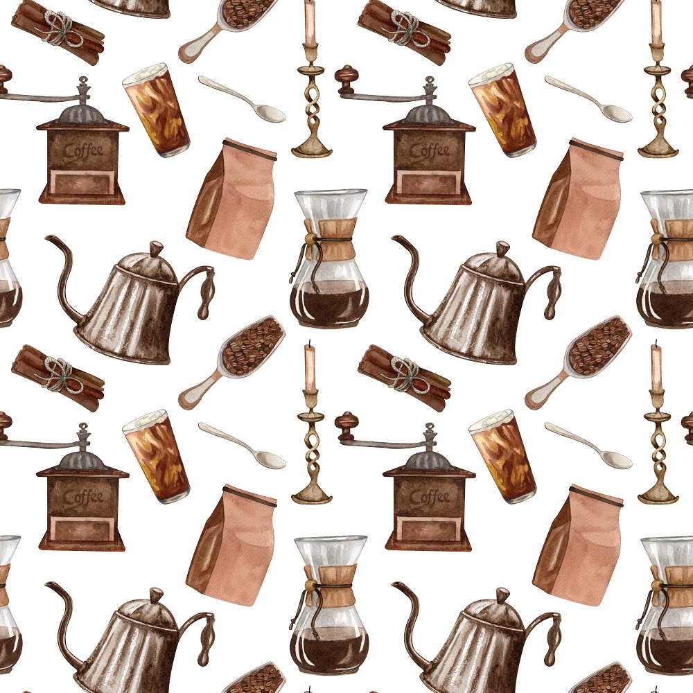 Vintage Coffee Elements Fabric - White