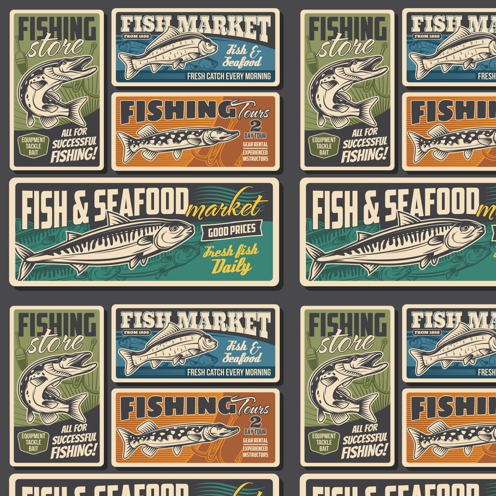 Vintage Fishing Store Poster Fabric - Multi