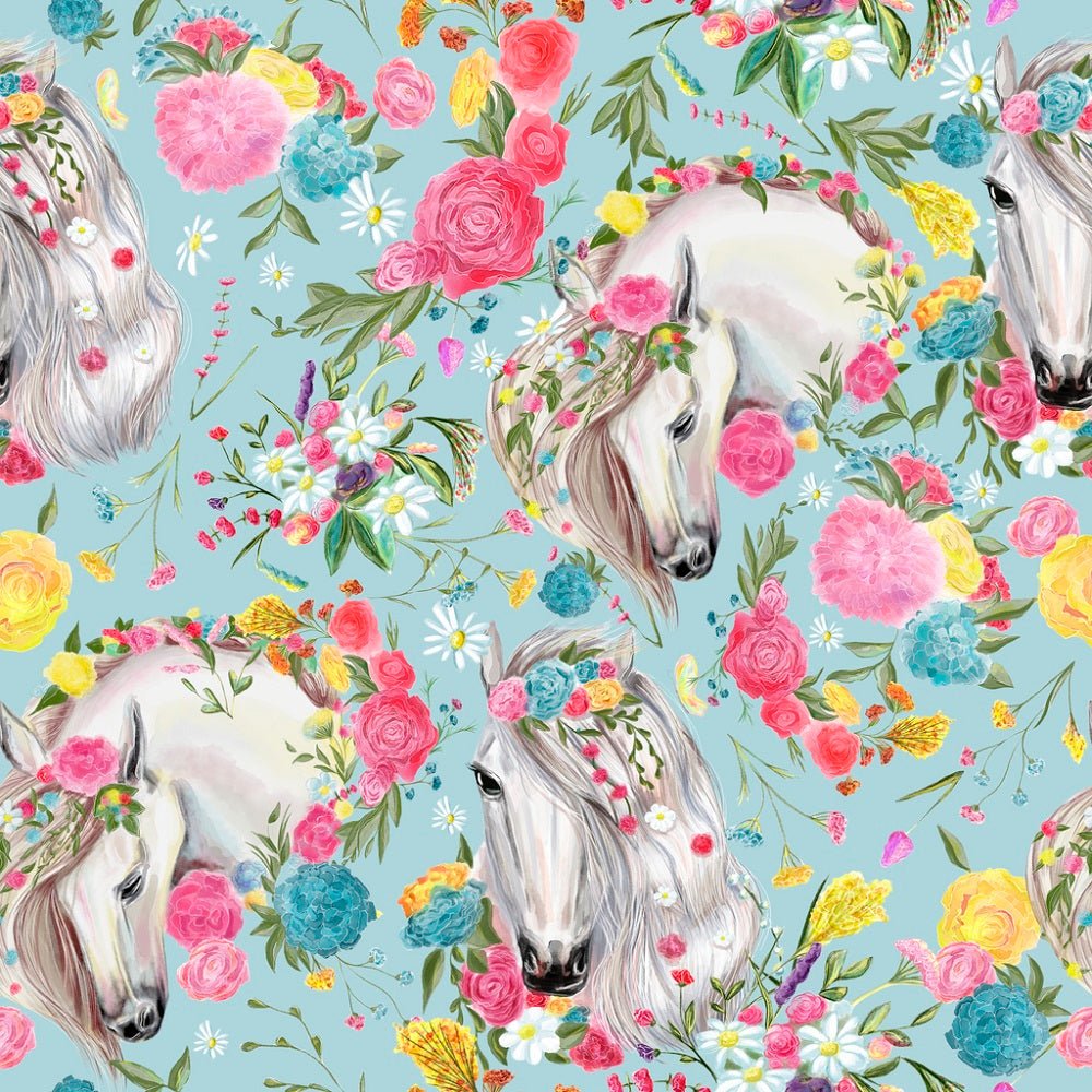 Vintage Floral Horses Pattern #1 Fabric - Blue