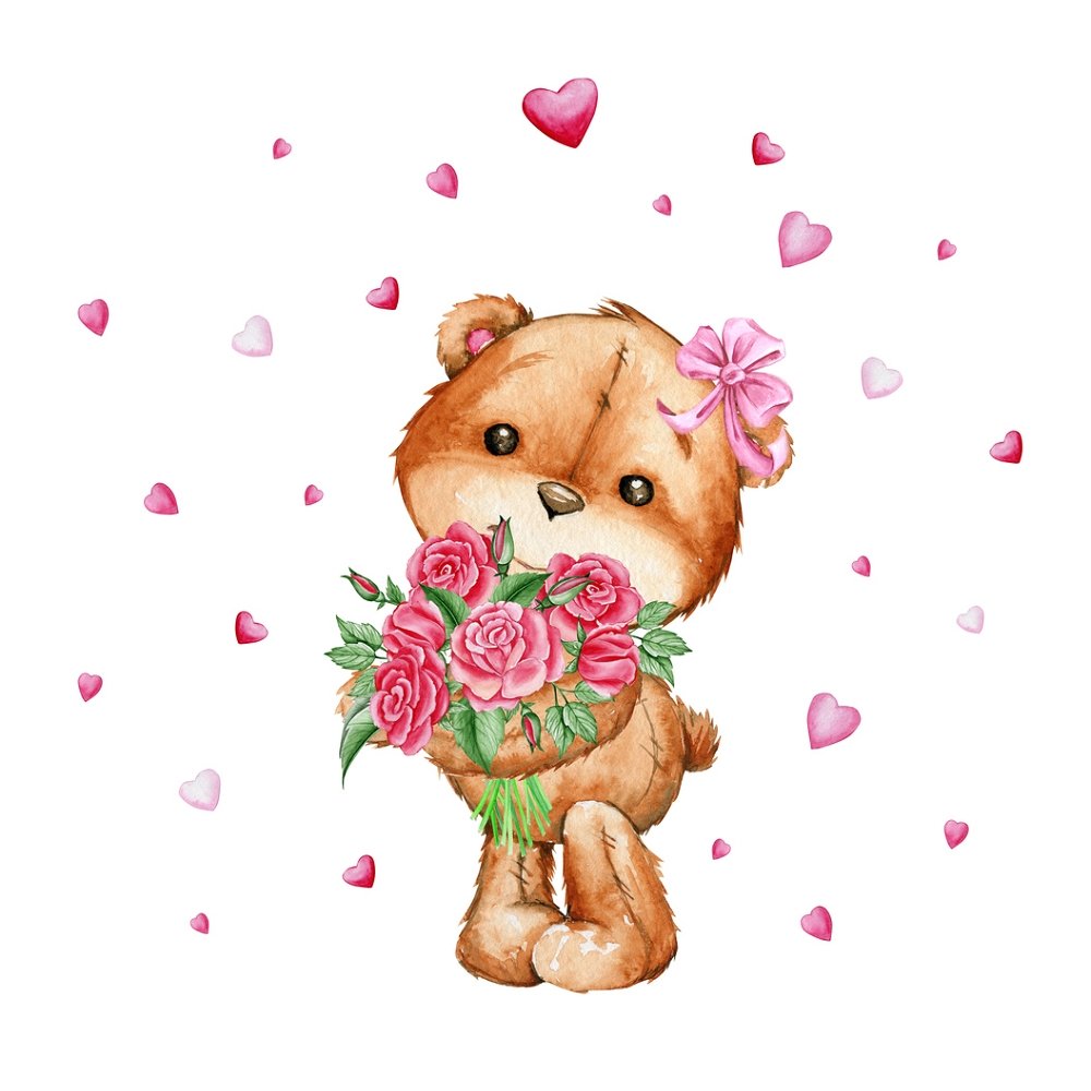 Watercolor Bear With Roses Fabric Panel