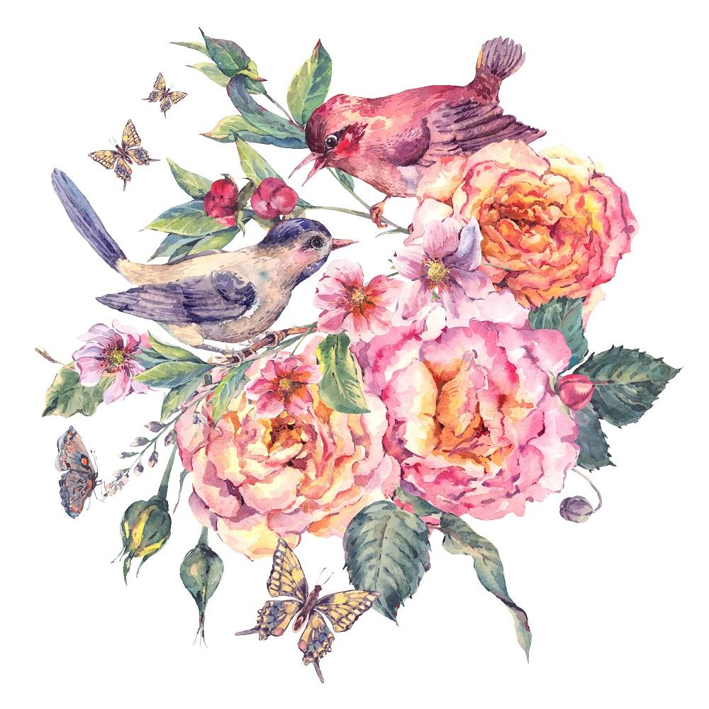 Watercolor Birds and Roses Fabric Panel - White