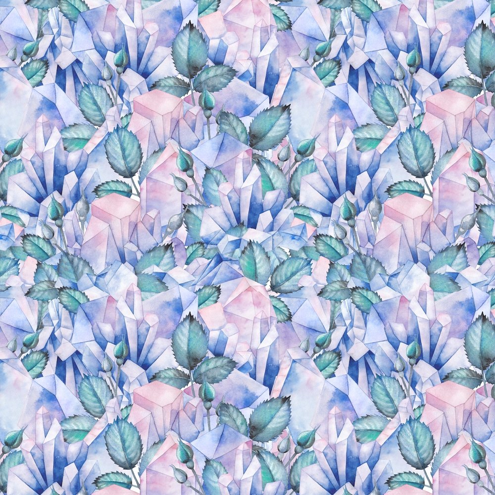 Watercolor Crystals & Rose Leaves Fabric