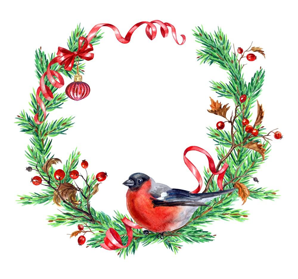 Watercolor Hawthorn Berry Wreath with Bullfinch - White
