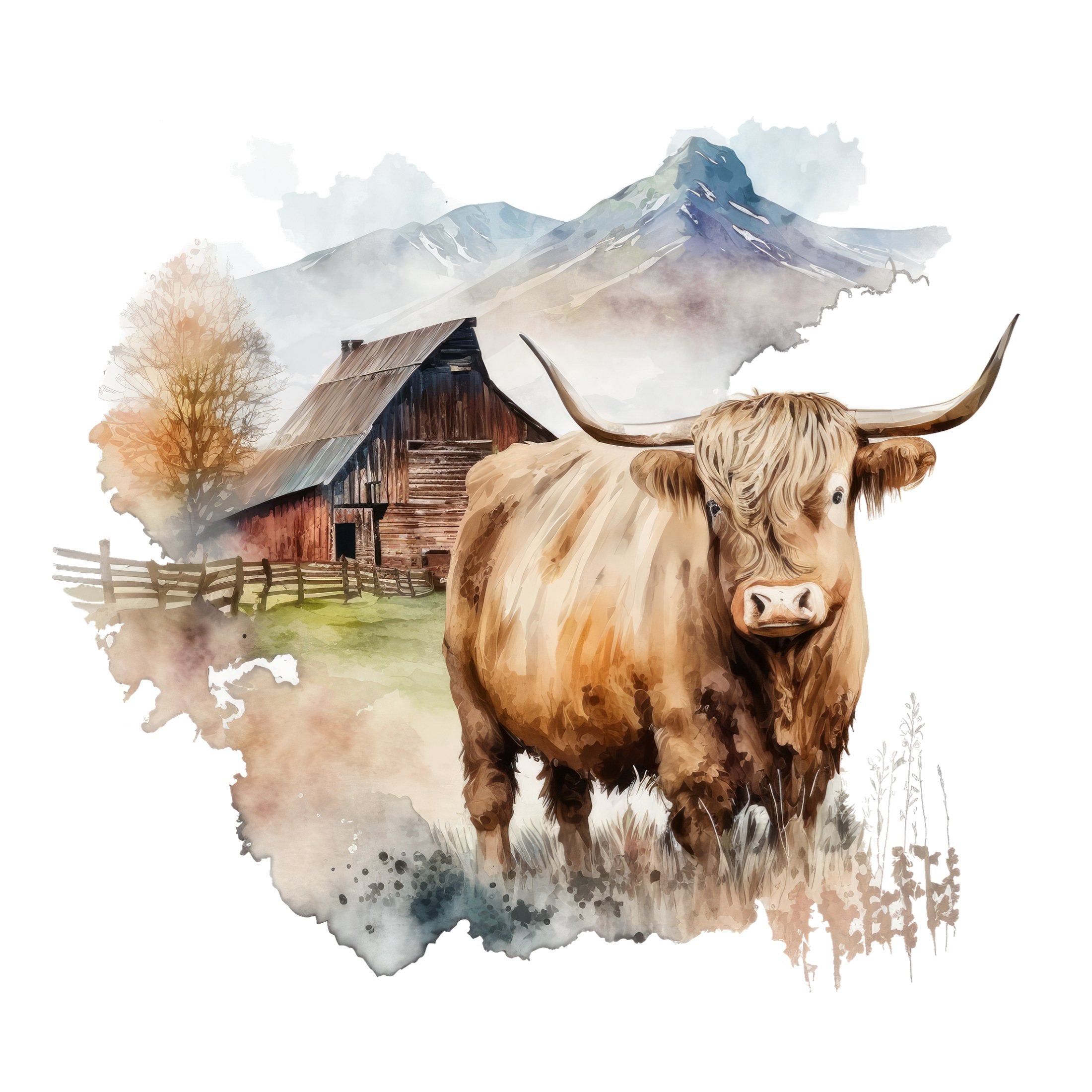 Watercolor Highland Cow Scene #13 Fabric Panel