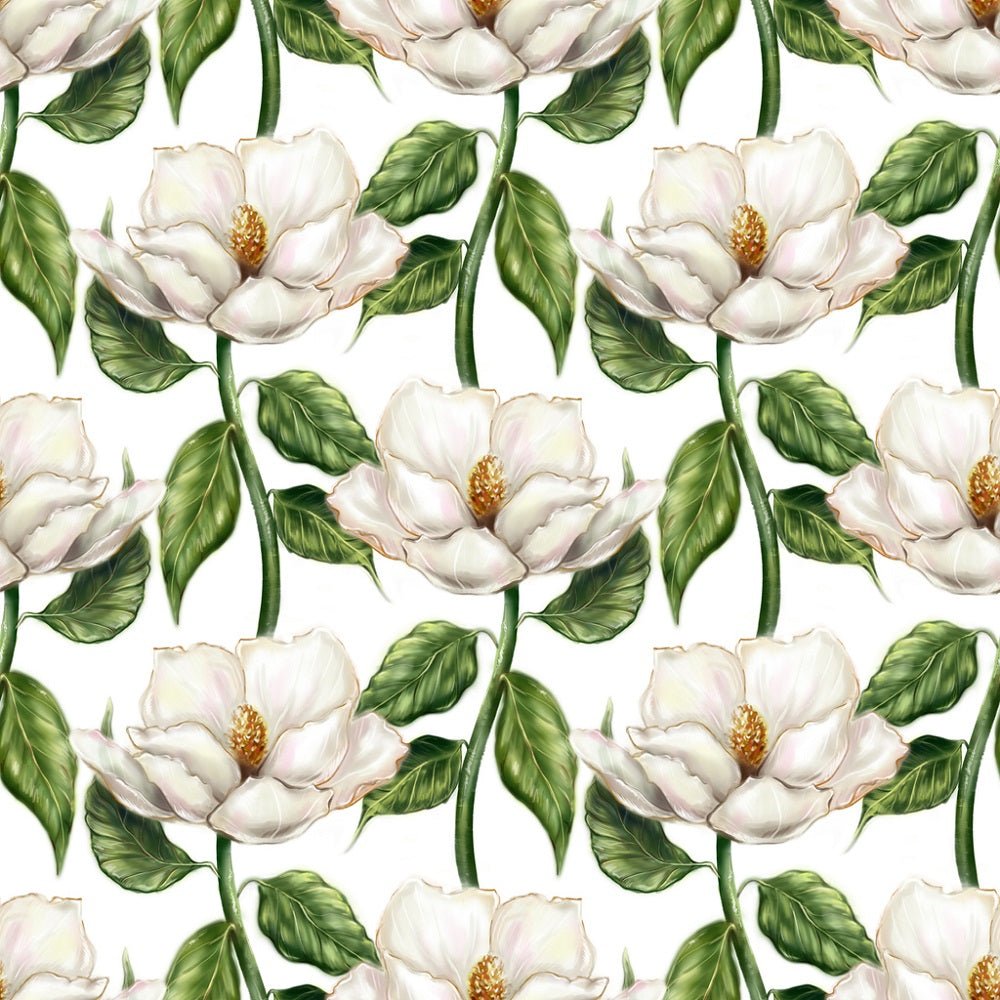 Watercolor Magnolia On Vine Fabric - White