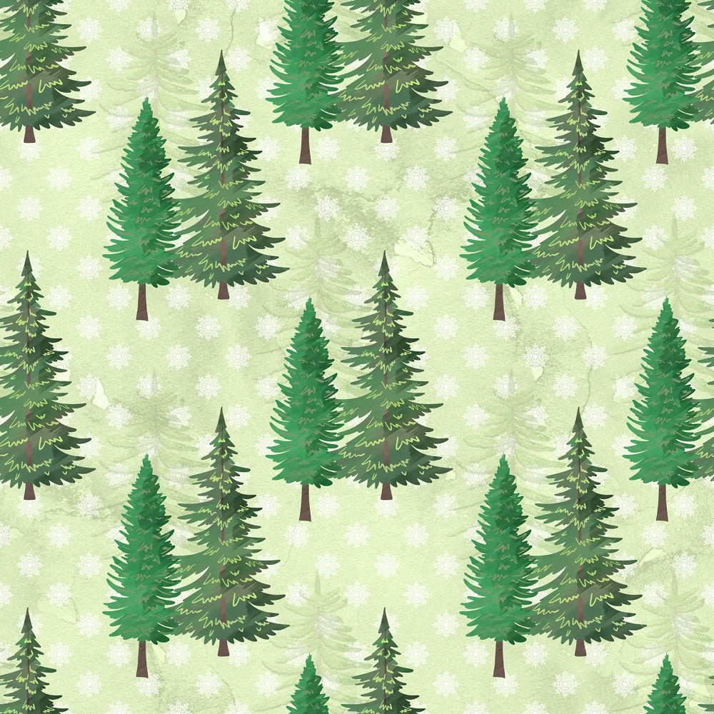 Watercolor Pine Trees on Snowflakes Fabric - Green