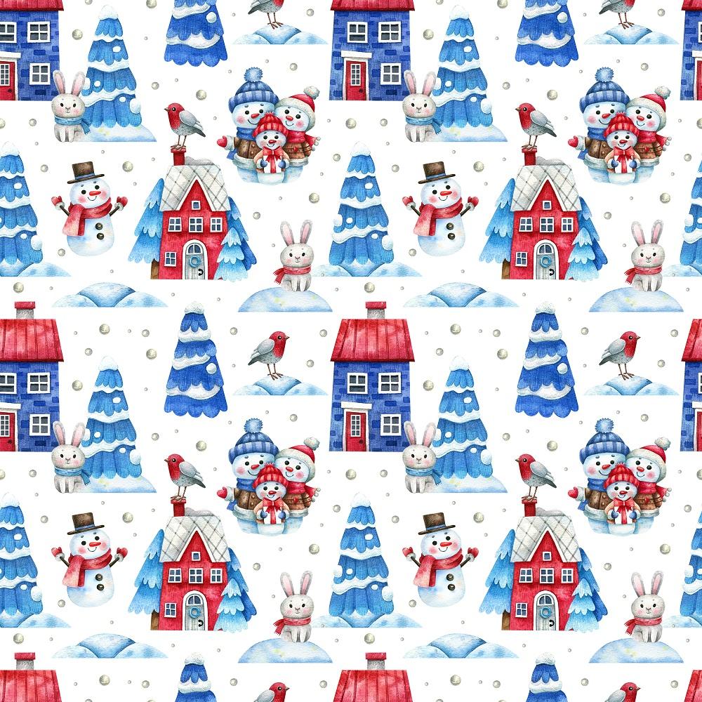 Watercolor Snowman Family & Animals Fabric