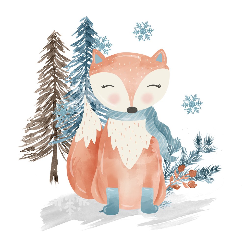 Winter Fox in the Woods Fabric Panel