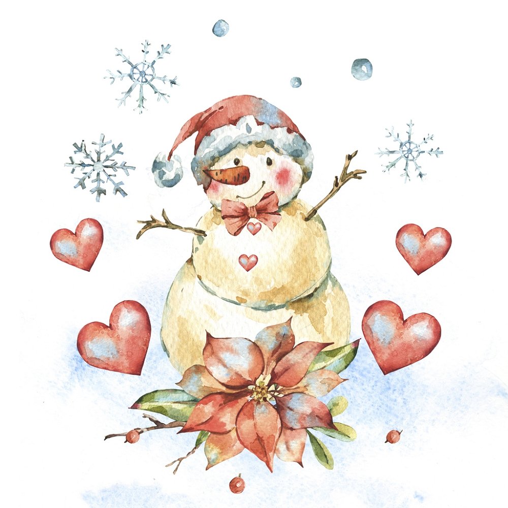 Vintage Snowman & Hearts Fabric Panel