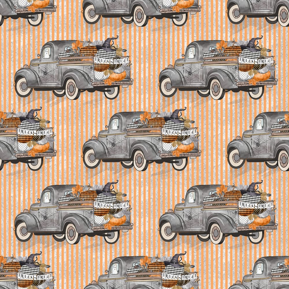 Vintage Trick or Treat Trucks on Orange Stripes Fabric