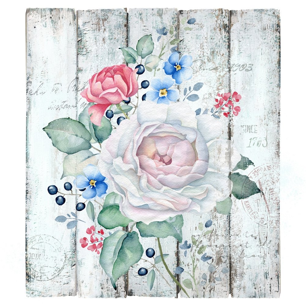 Vintage Wood & Roses Fabric Panel - Gray