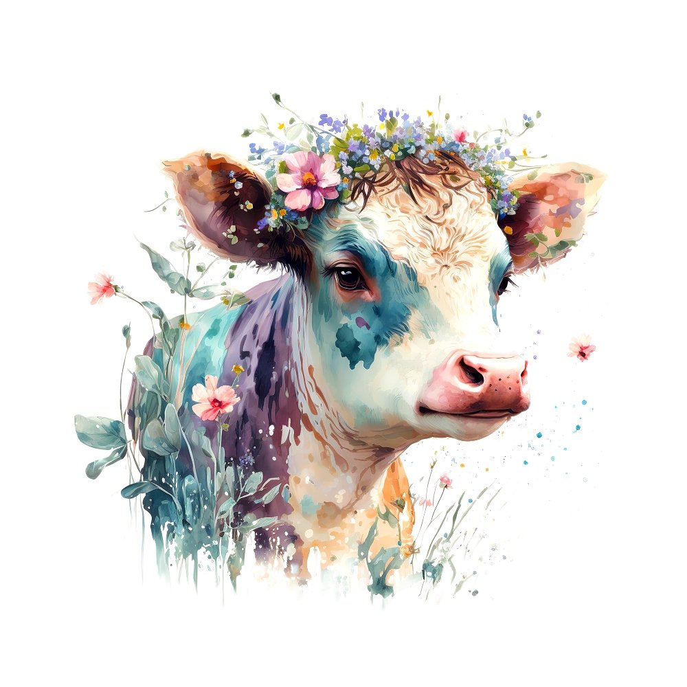 Watercolor Cows & Flowers #2 Fabric Panel