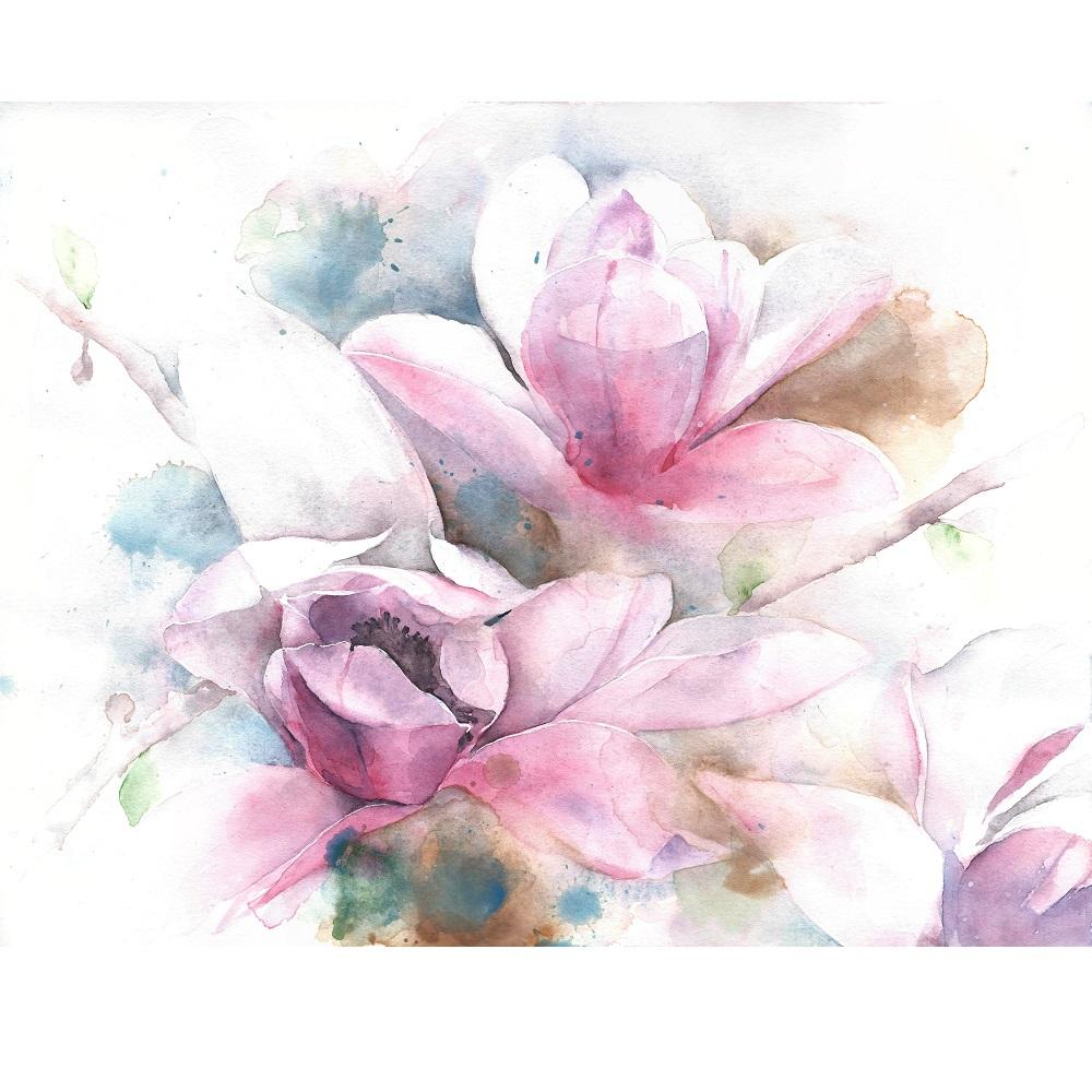 Watercolor Magnolia Flower Fabric Panel