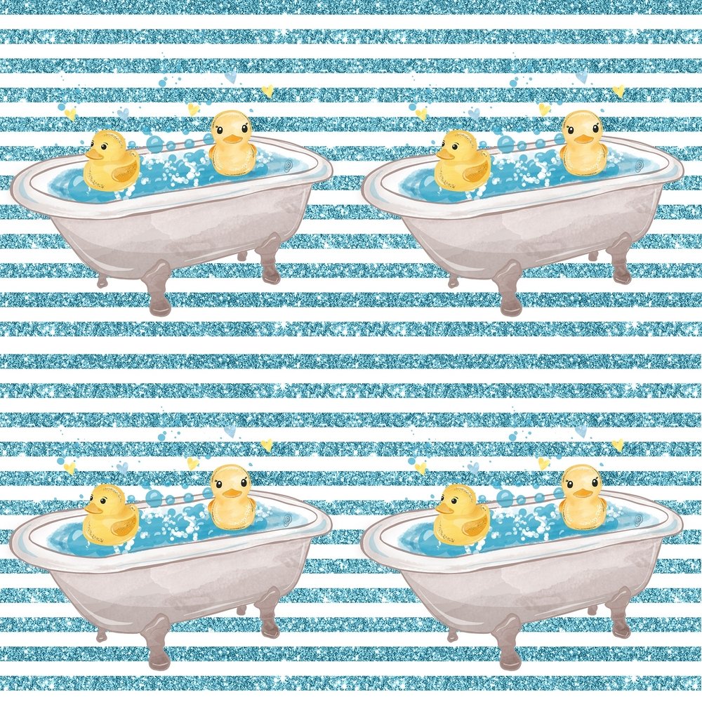 Watercolor Rubber Ducks in Bathtub on Stripes Fabric