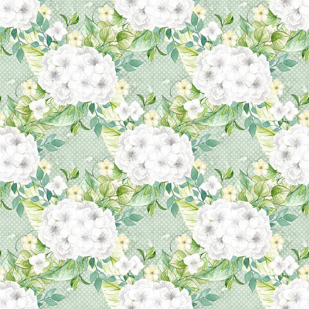 White Hydrangeas Bouquets on Green Dots Fabric