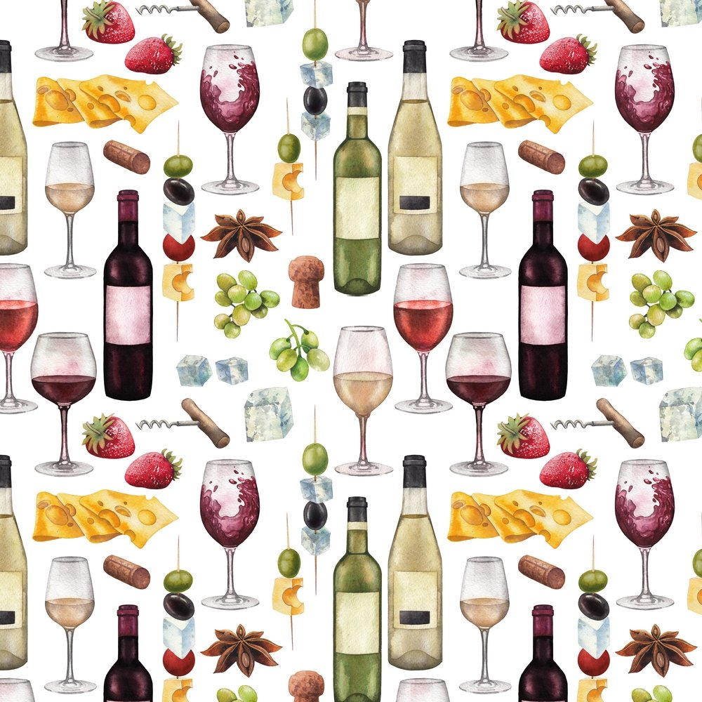 Wine With Fruit & Cheese Fabric - White