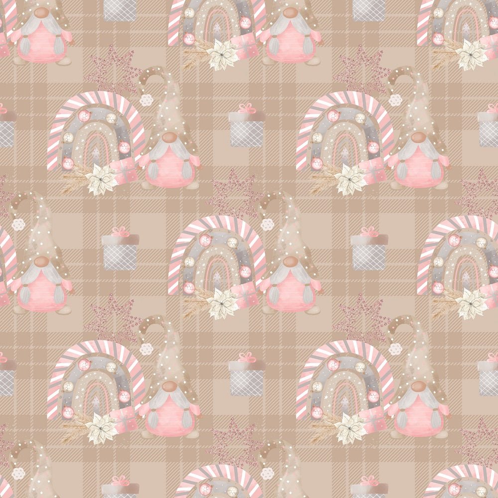 Sweet Christmas Gnomes with Rainbows Fabric - Tan