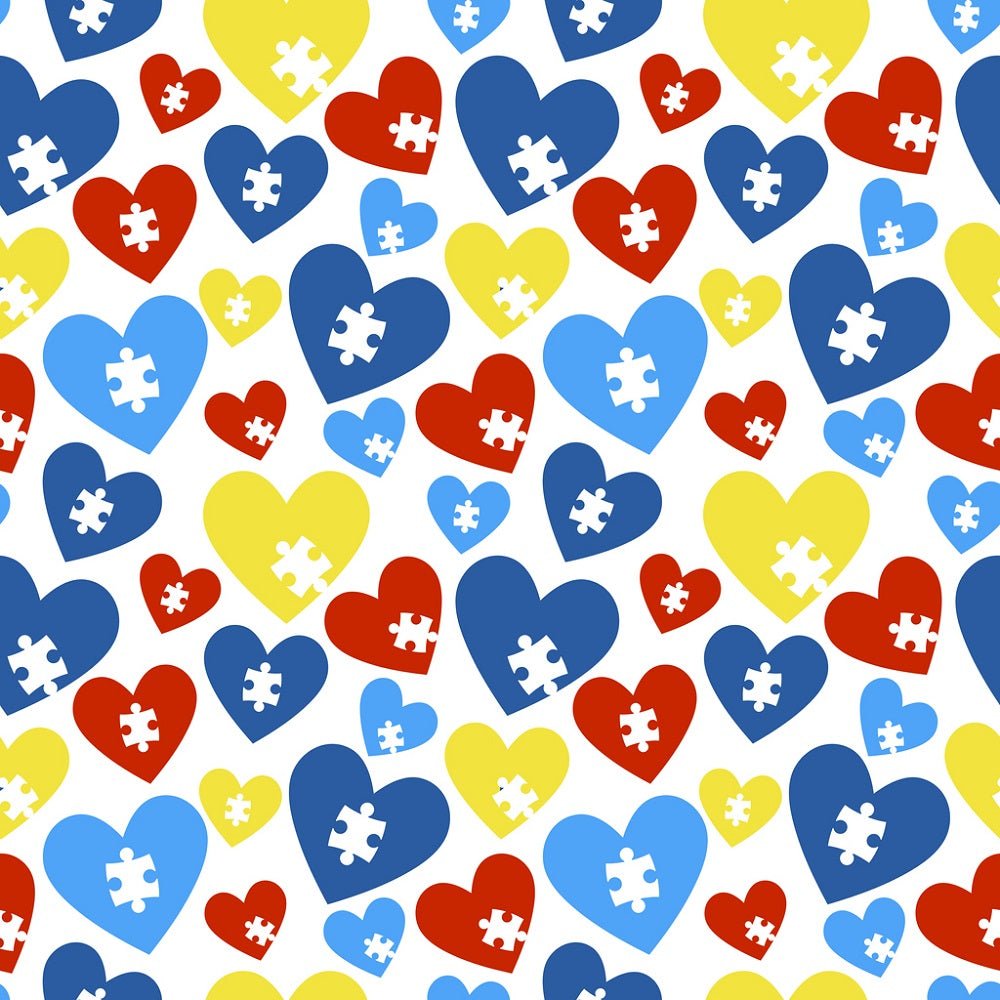 Tossed Autism Awareness Hearts & Puzzle Pieces Fabric