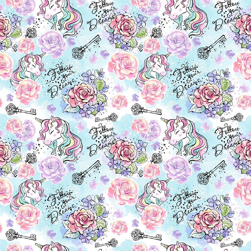 Unicorns And Roses Follow Your Dreams Fabric - Blue