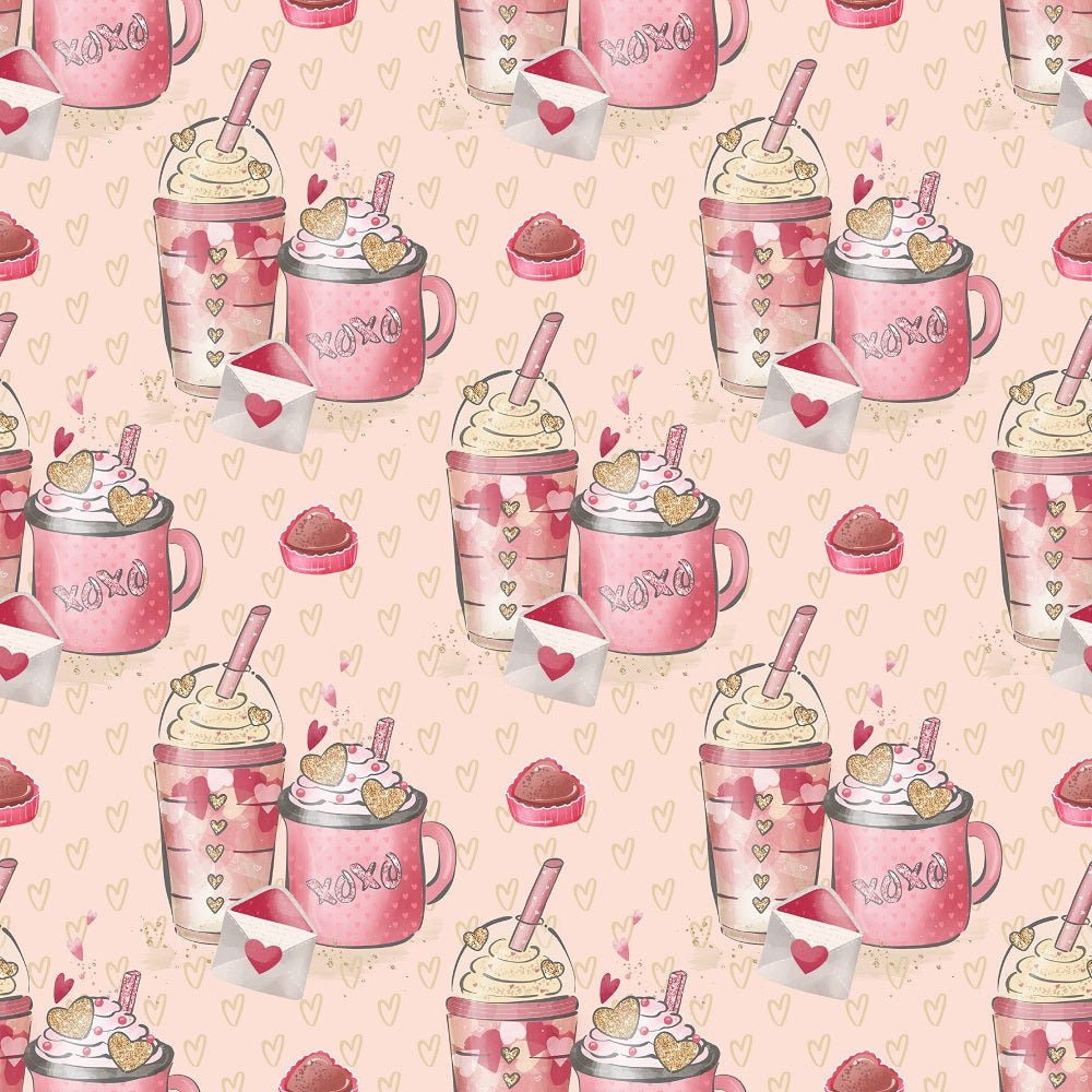 Valentines Coffee on Hearts Fabric - Tan
