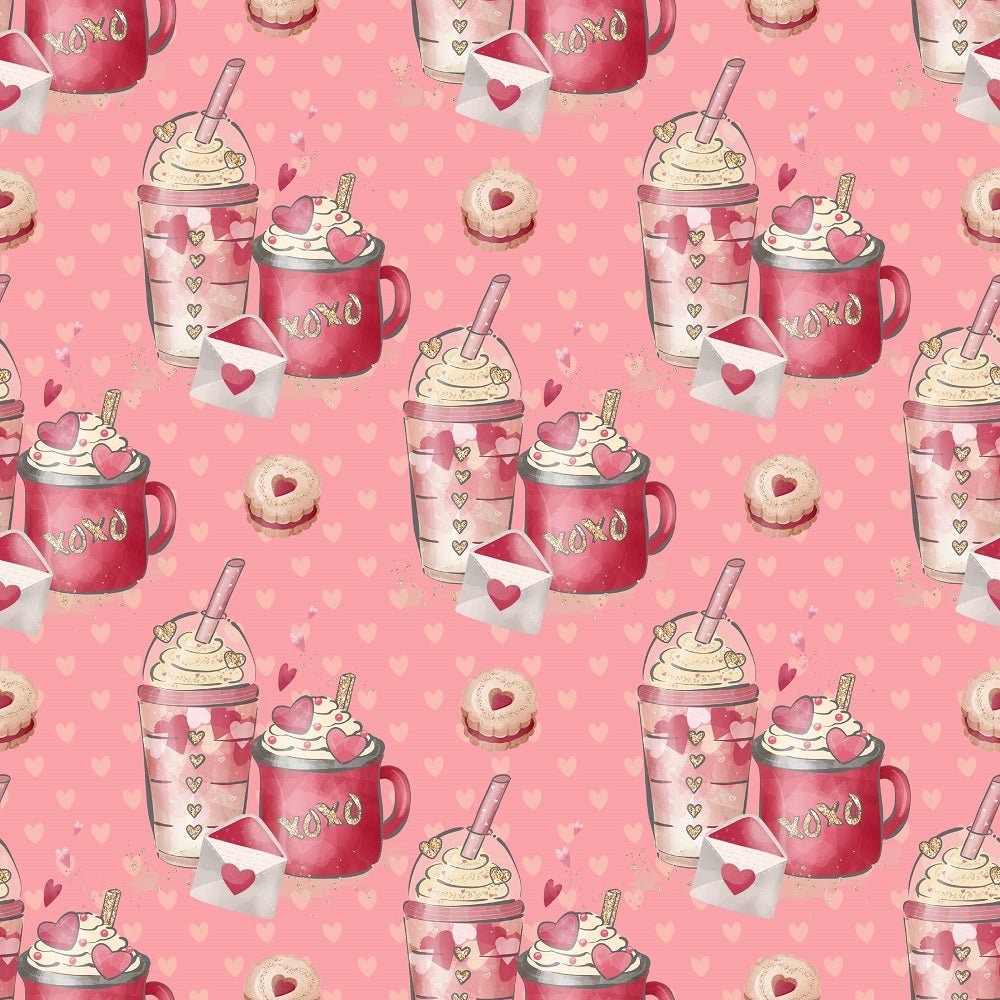 Valentines Coffee on Tan Hearts Fabric - Pink