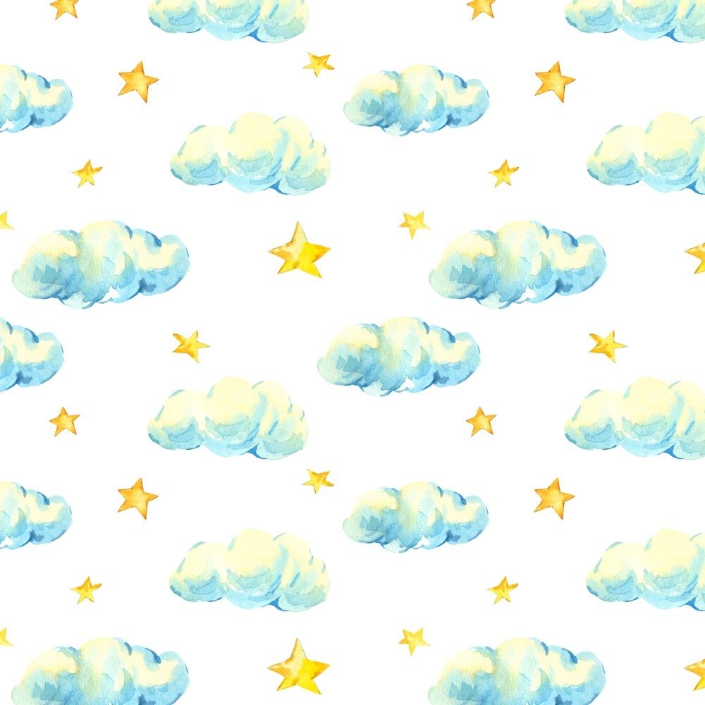 Vintage Watercolor Stars & Clouds Fabric - White