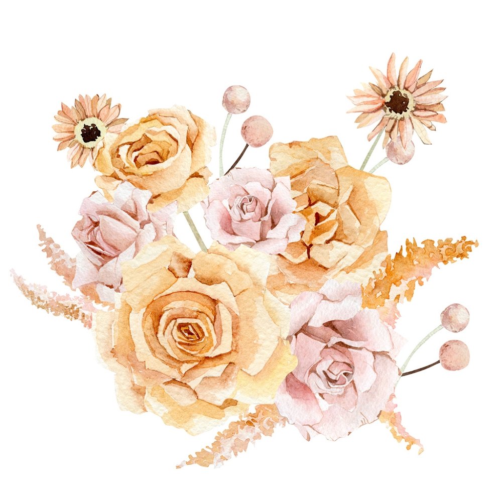 Watercolor Boho Floral Bouquet Fabric Panel - Multi