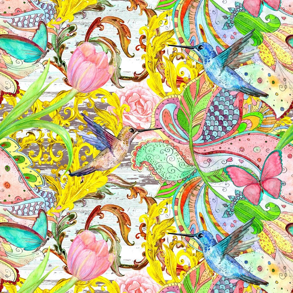Watercolor Bright Hummingbirds & Flowers #2 Fabric