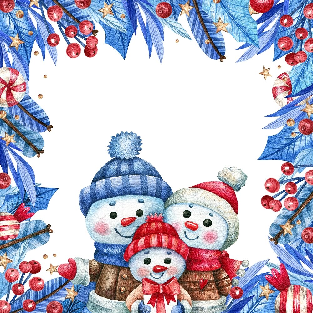 Three Snowmen in a Framed Wreath Fabric Panel - Blue