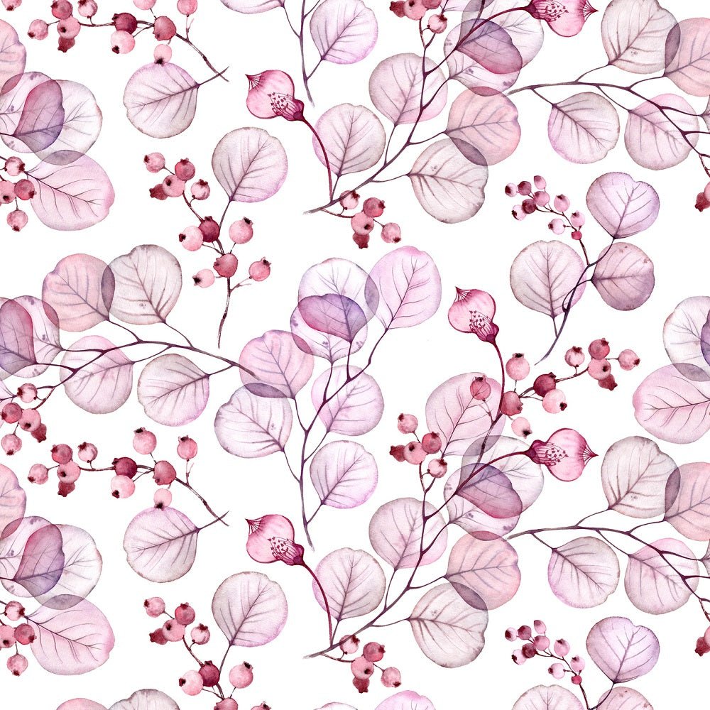 Transparent Pink Leaves and Berries Fabric