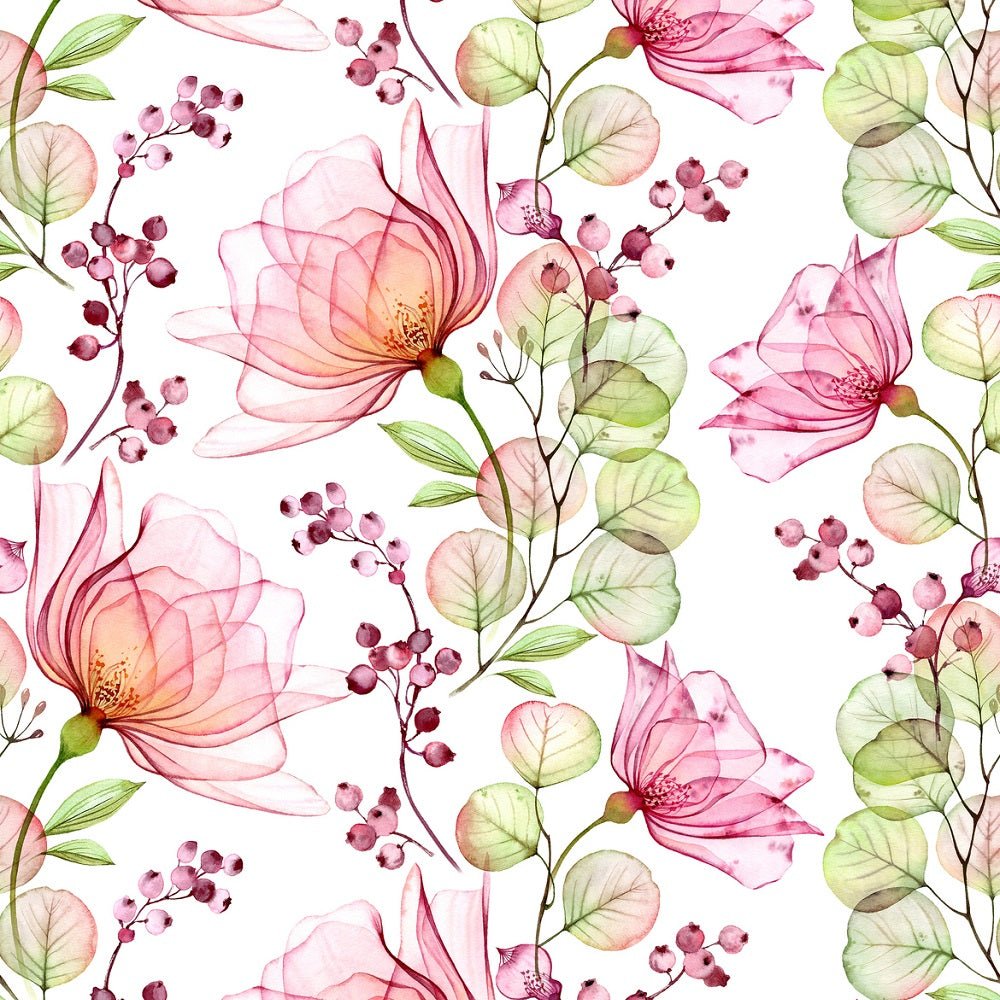 Transparent Rose, Eucalyptus, and Berries Fabric