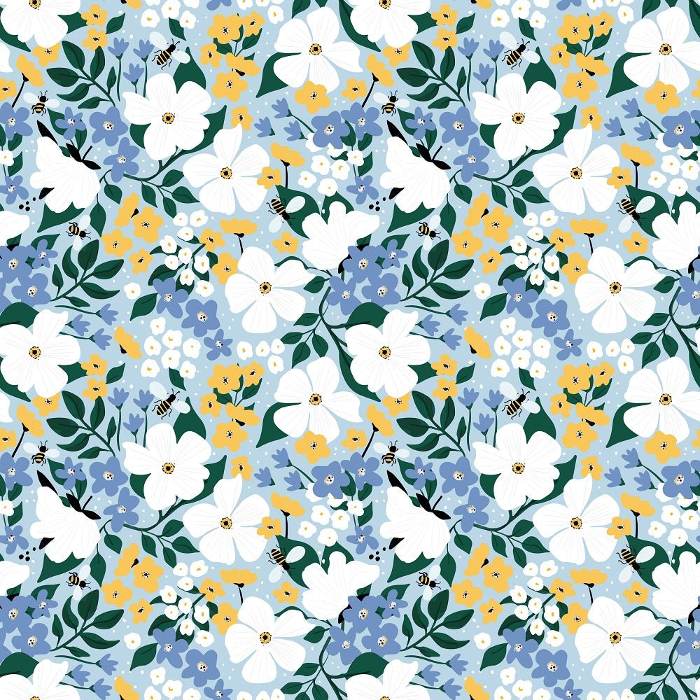 The Bees Knees Floral Fabric - Blue