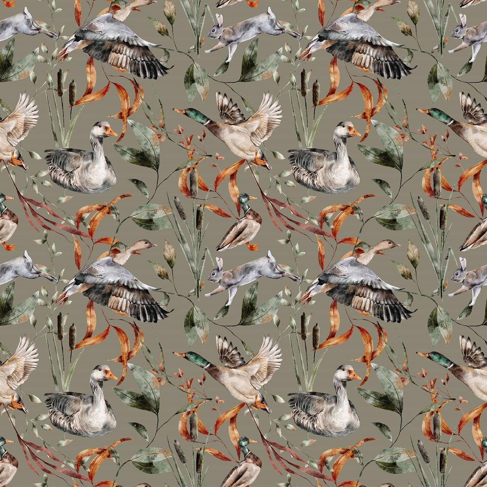 The Cottage Birds and Cattail Fabric - Green