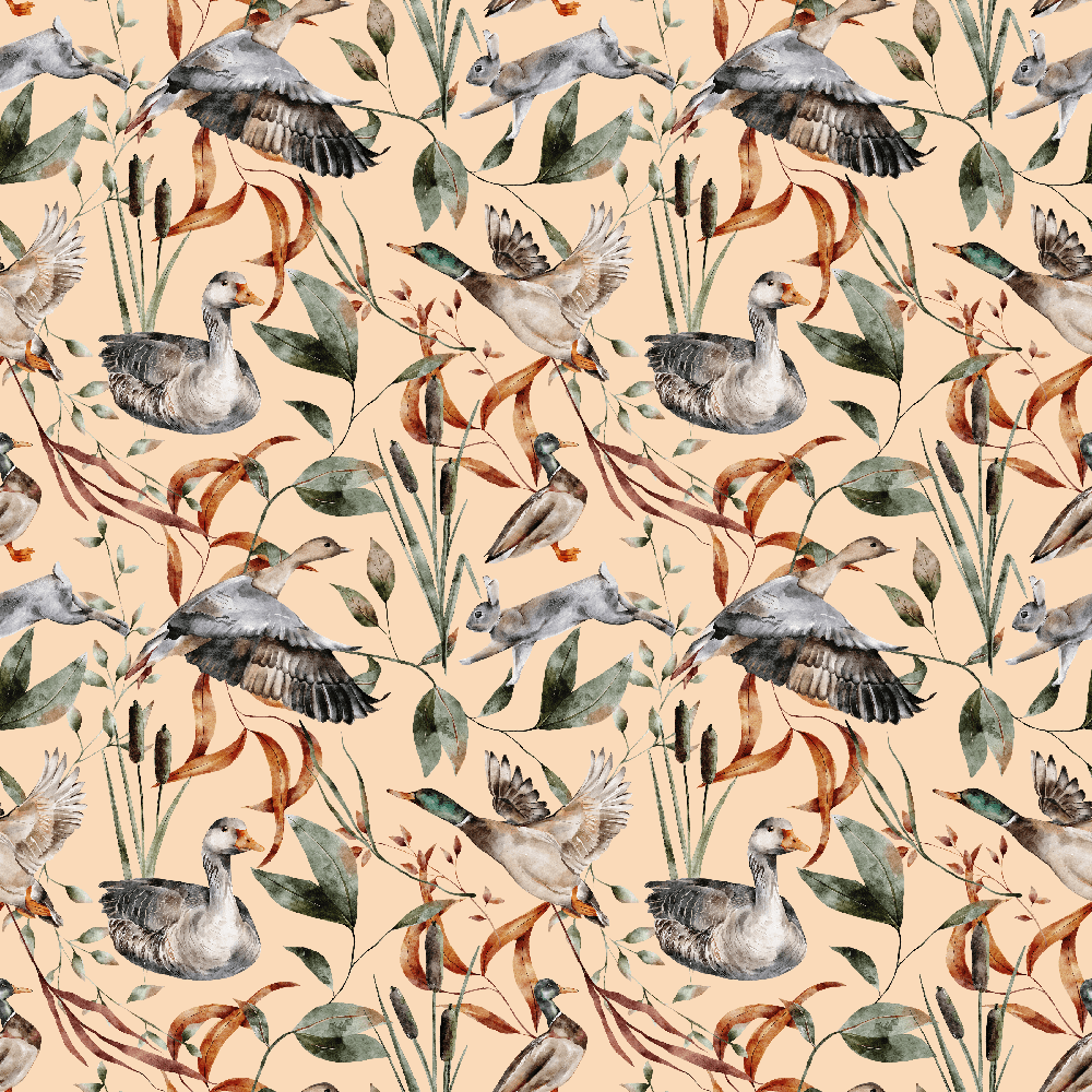 The Cottage Birds and Cattail Fabric - Pizazz Peach
