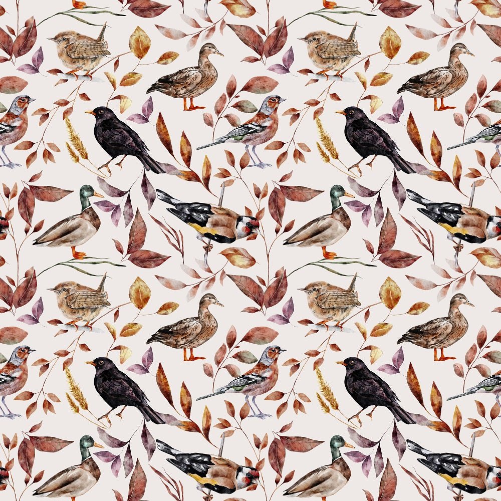 The Cottage Birds and Leaves Fabric - White