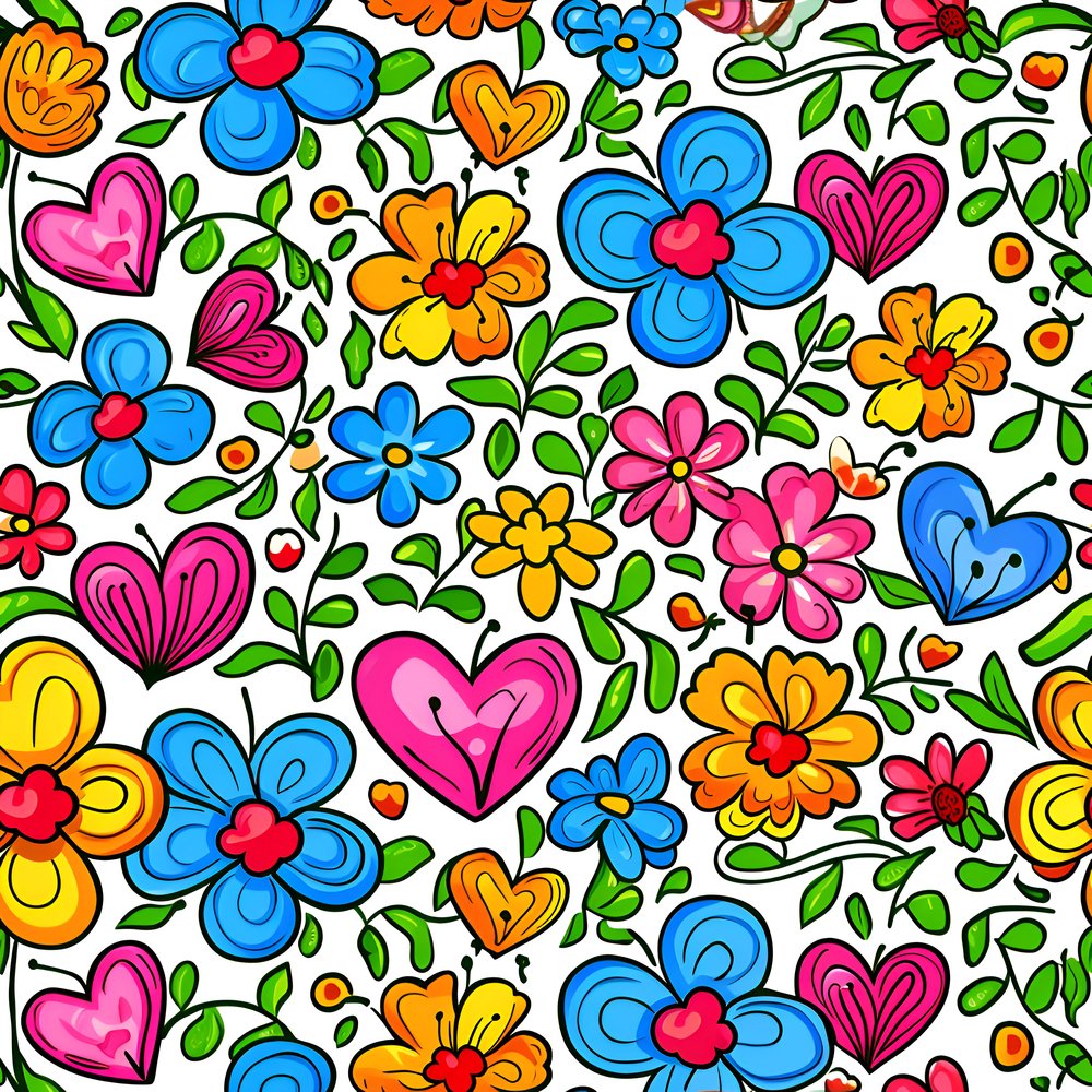 Sweet Floral Doodle Hearts Pattern #6 Fabric