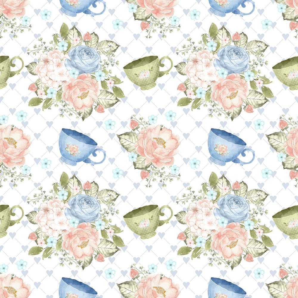 Tea Time Cups and Bouquets Fabric - White