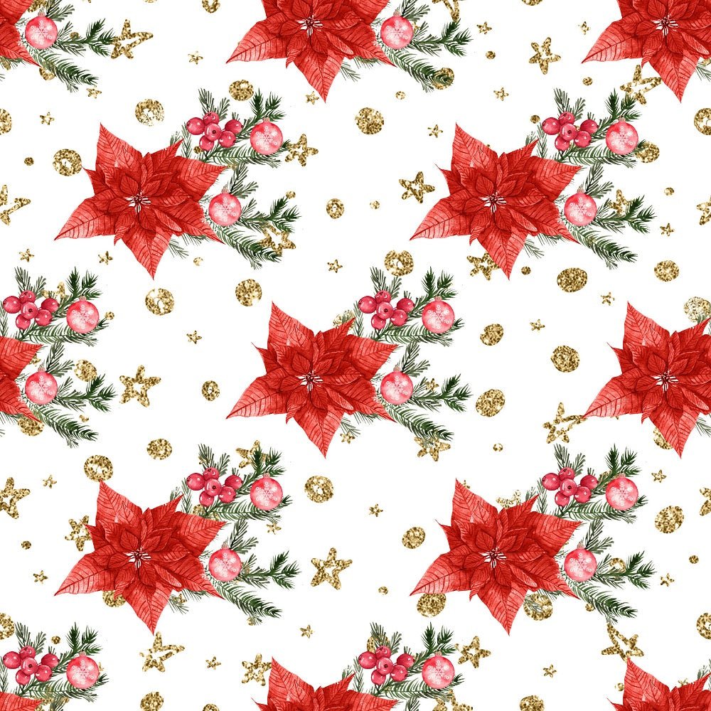 Christmas Plants & Gold Accents Fabric - White