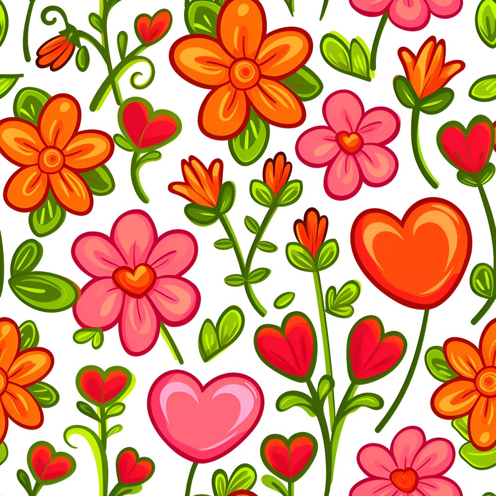 Sweet Floral Doodle Hearts Pattern #10 Fabric