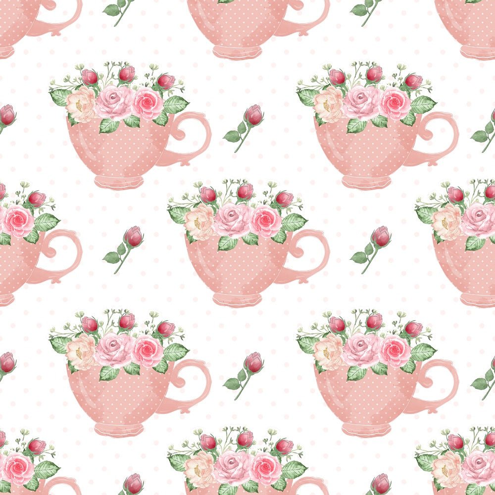Tea Time Floral Cups Fabric - White