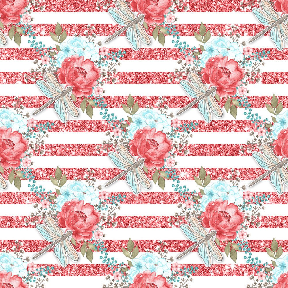 Sweet Dragonfly on Red Stripes Fabric