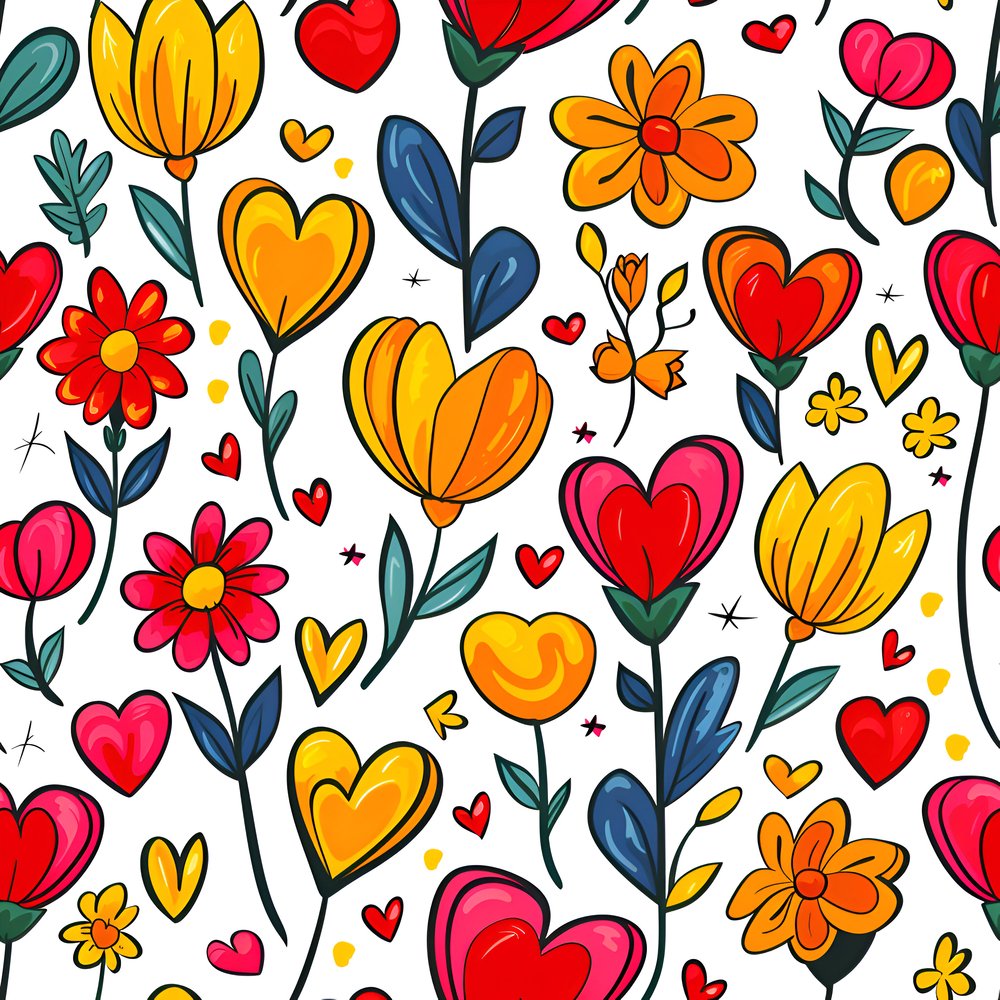 Sweet Floral Doodle Hearts Pattern #1 Fabric