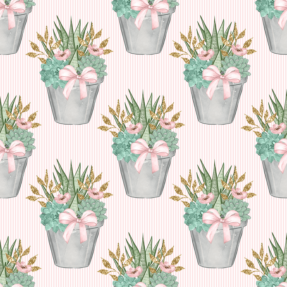 Sweet Succulents on Pink Stripes Fabric