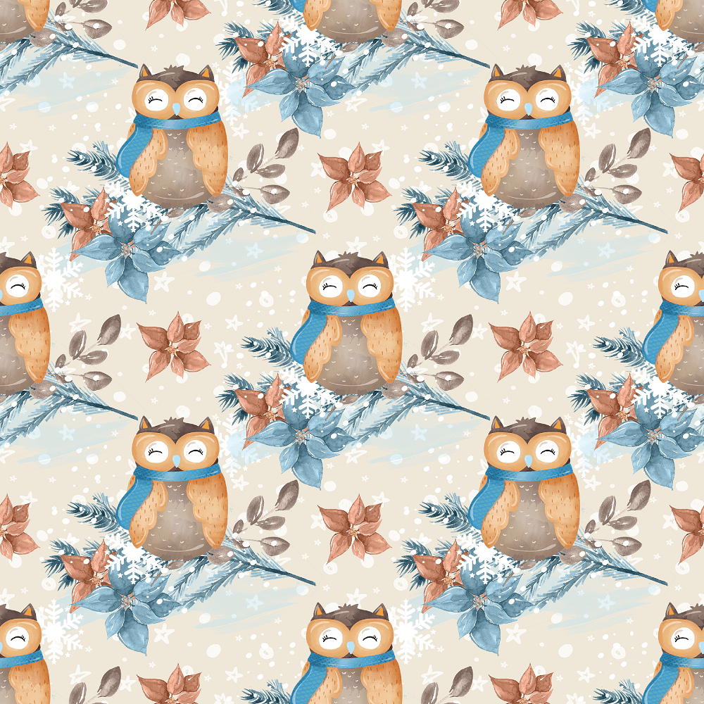 Winter Owl on Branch Fabric - Tan