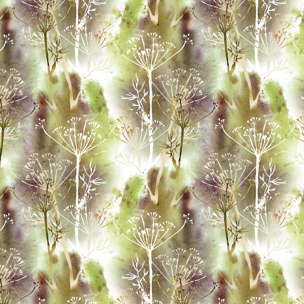 Watercolor Grunge Dill Flowers Fabric - Green/Brown