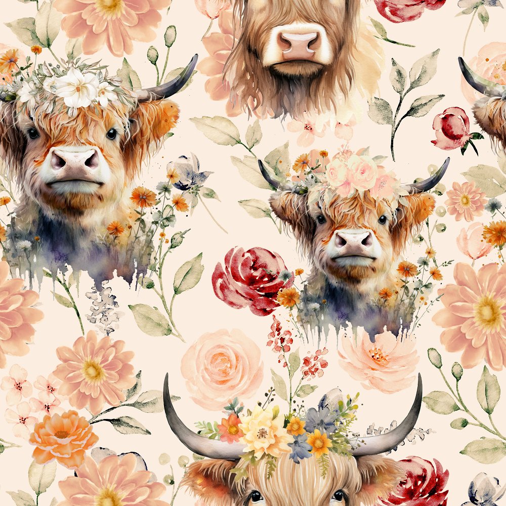 Watercolor Highland Cows & Flowers Fabric