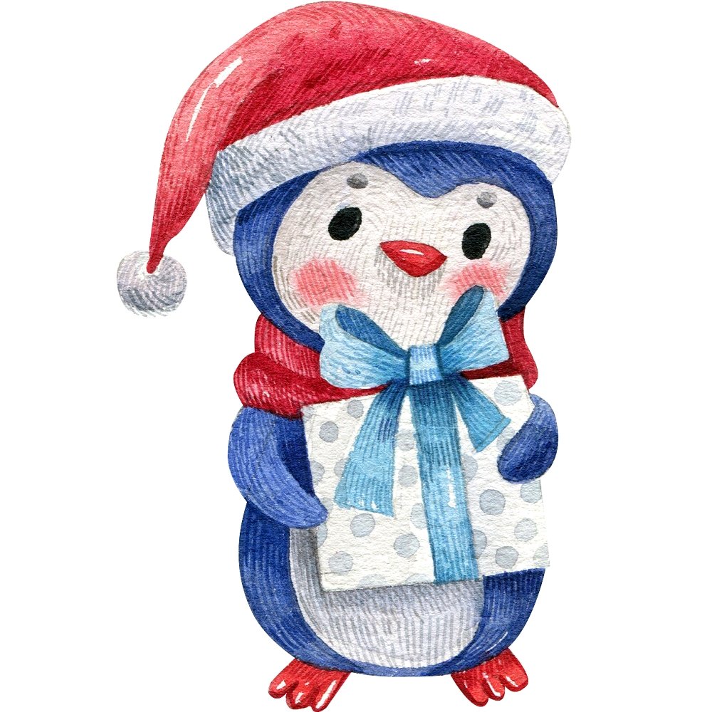 Watercolor Penguin with Present Fabric Panel