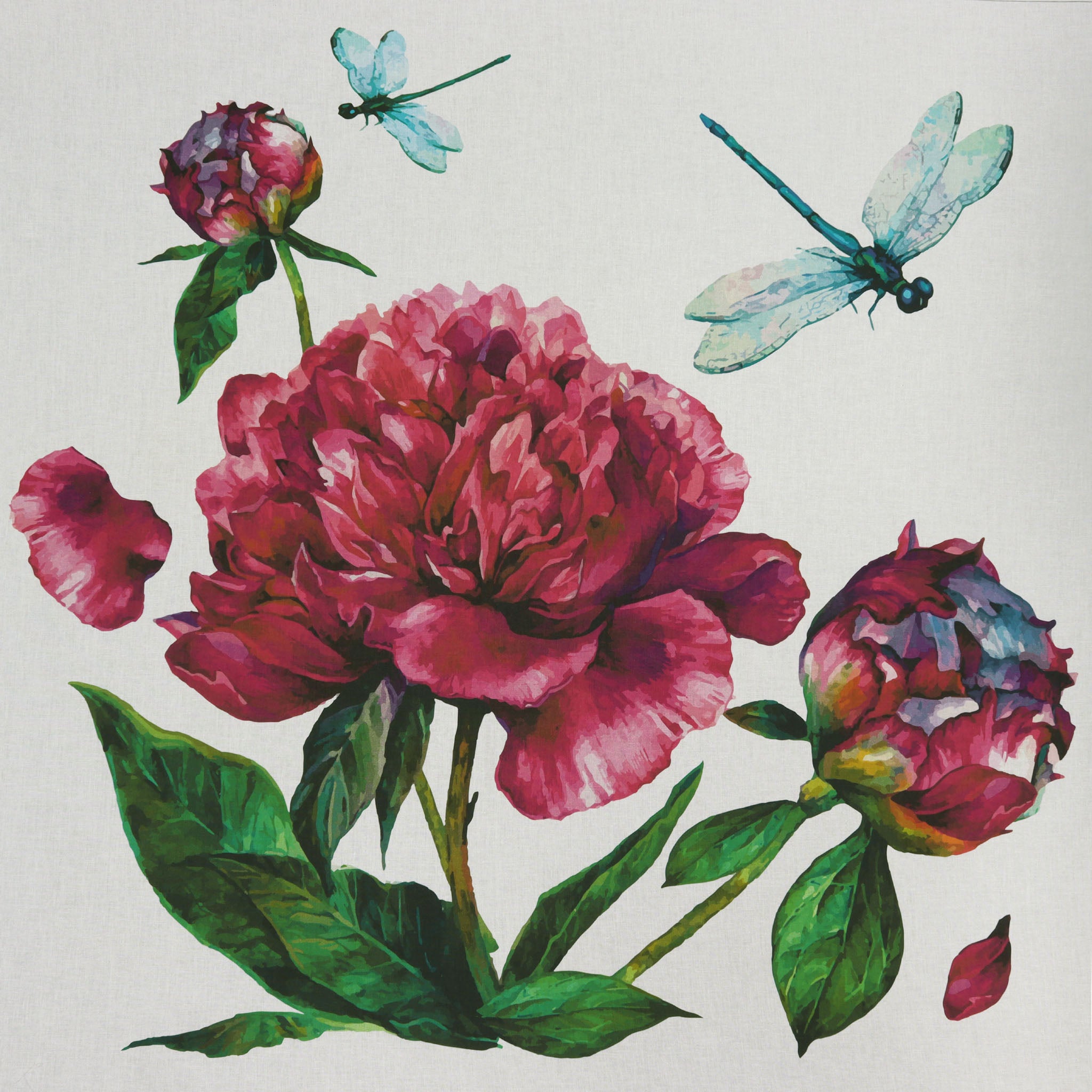 Watercolor Peonies & Dragonflies Fabric Panel