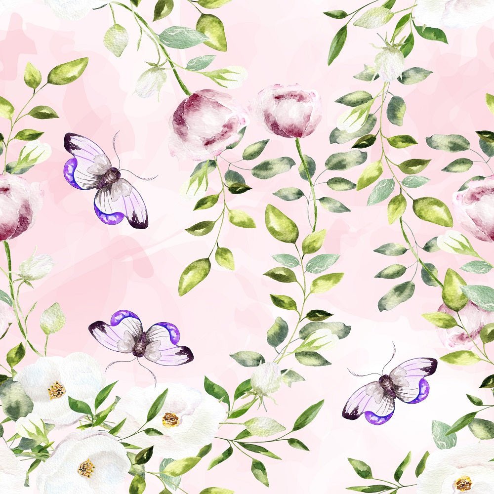 Watercolor Purple Butterflies and Flowers Fabric