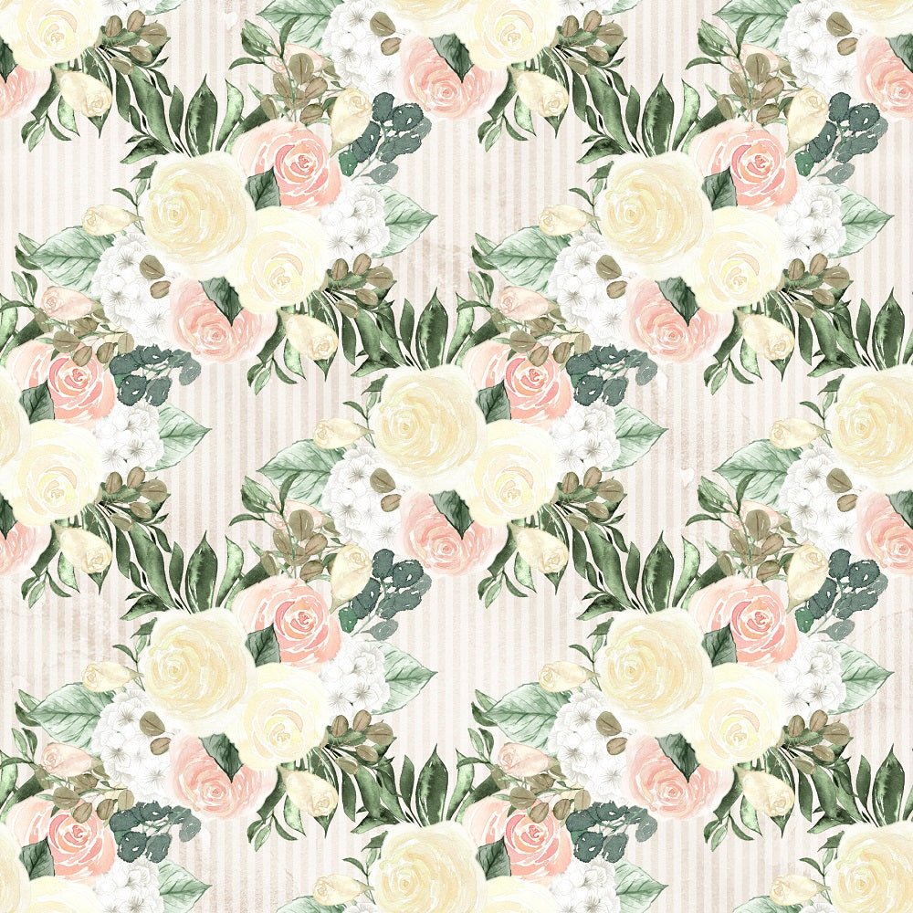Watercolor Roses Bundles on Stripes Fabric - Tan